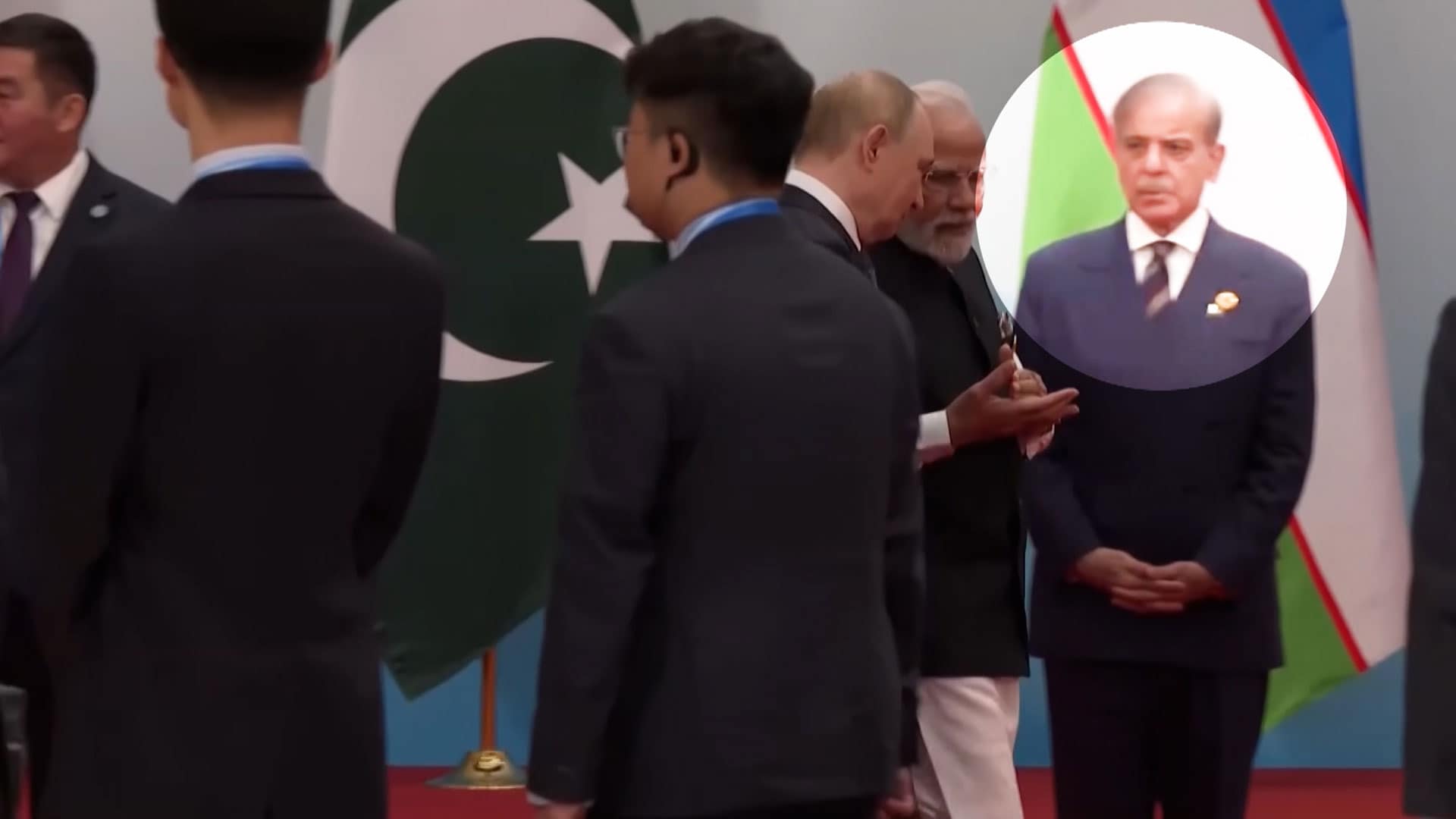 Pakistan PM Shahbaz Sharif  Watches As PM Modi, Vladimir Putin Walk Past At SCO Summit