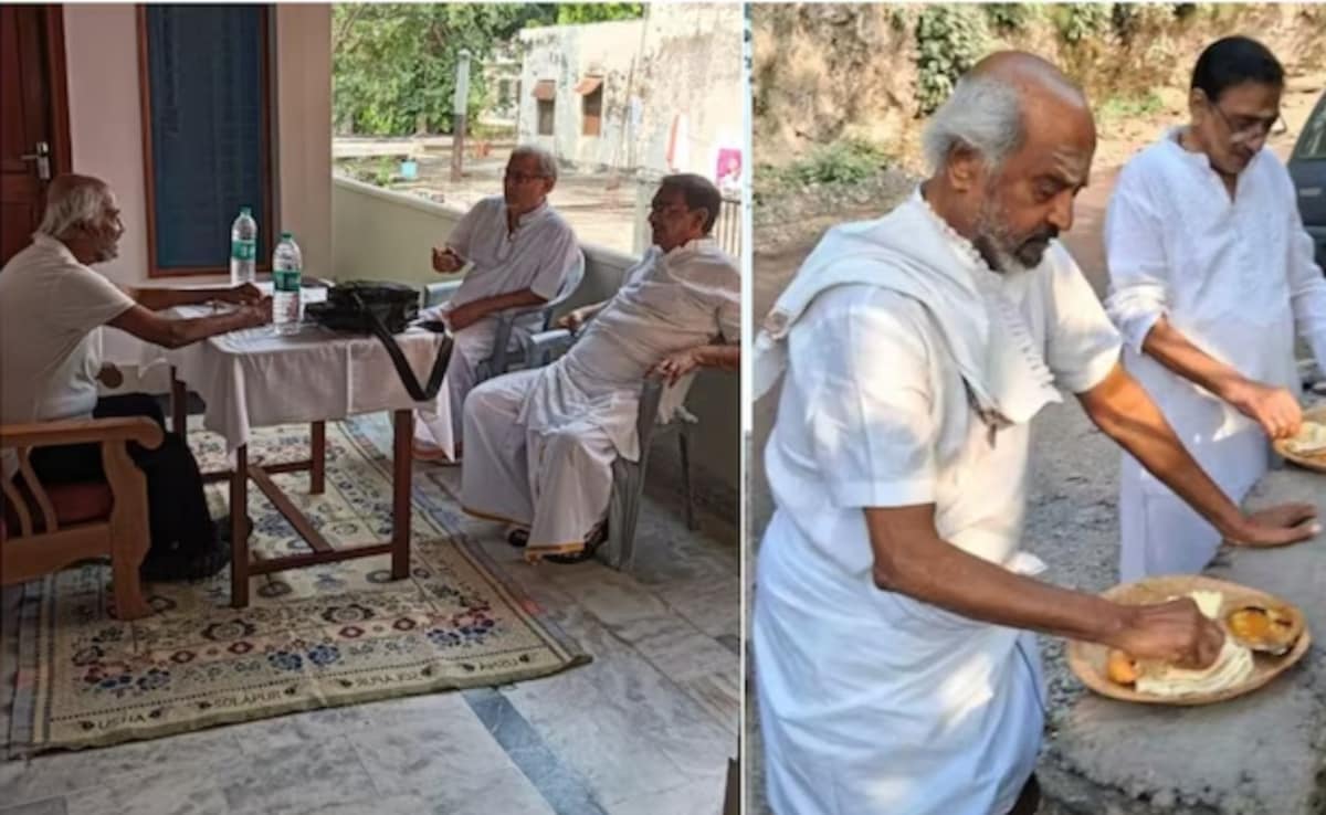 आध्यात्मिक यात्रा पर निकले रजनीकांत, गंगा तट पर किया ध्यान, सड़क किनारे पत्तल पर खाया खाना